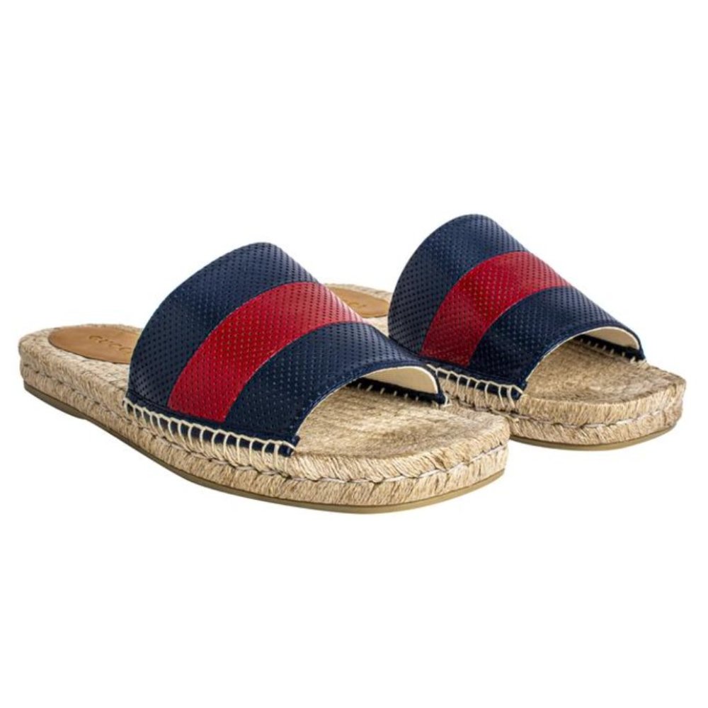 Gucci Blue and Red Web Striped Espadrille Slides NEW WITH BOX AND SHOE BAGS